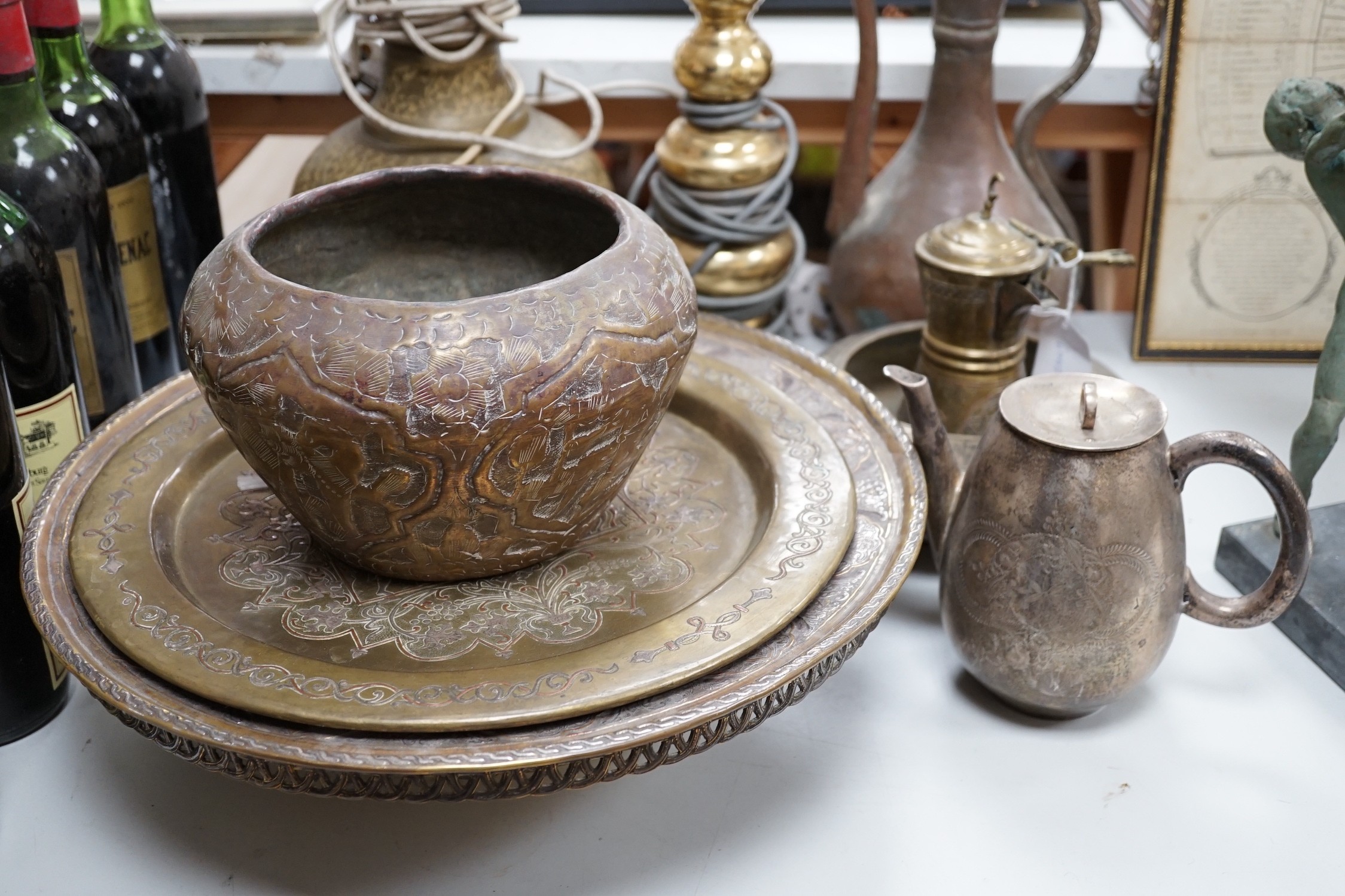 Three Cairo ware items and other Islamic or Indian metalware